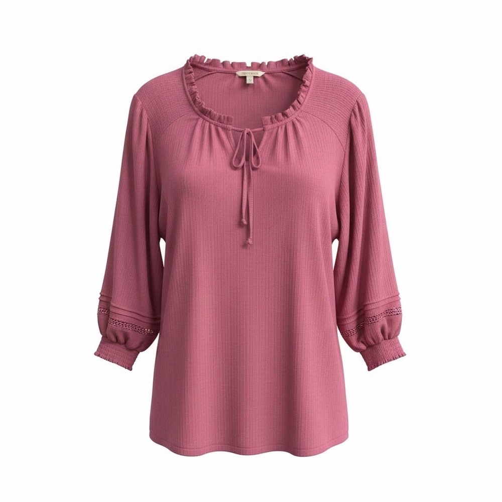 Women's Como Vintage Pink Boho‎ Peasant Ribbed Blouse Lace Trim 3X Cottagecore